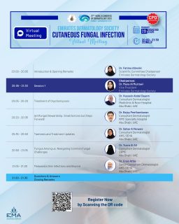 Join us for an insightful EDS Virtual Meeting dedicated to Cutaneous Fungal Infections — exploring diagnosis, management, and treatment updates from leading dermatology experts.
📅 10 November 2025 | 💻 Virtual
#EDSVirtualMeeting #EDSUAE #FungalInfections #DermatologyEducation #SkinHealth