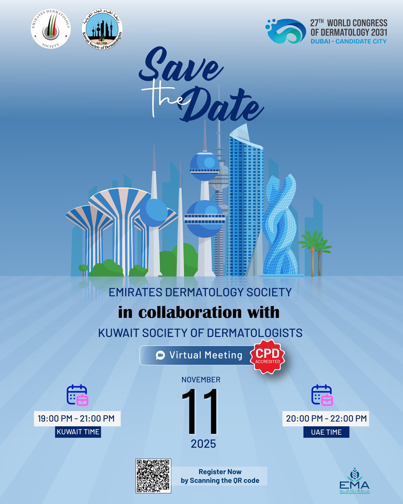 Join the Emirates Dermatology Society in collaboration with the Kuwait Society of Dermatologists for an insightful virtual meeting bringing together experts from across the region.
🗓️ Stay tuned for agenda details!