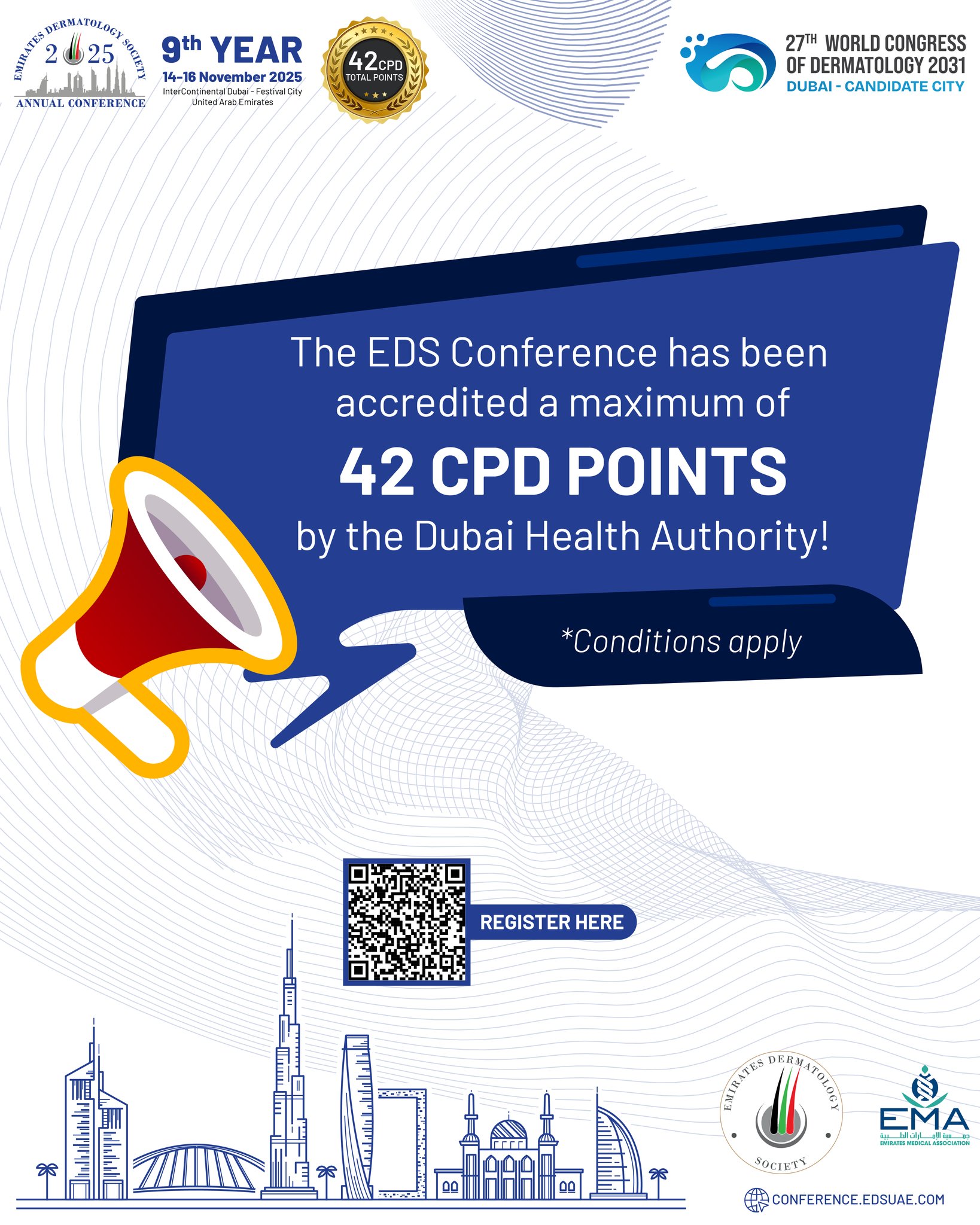 Earn CPD Credits at EDSC 2025!

We’re delighted to announce that the 9th Emirates Dermatology Society Annual Conference (EDSC 2025) is CPD-accredited.

Join us this November in Dubai and enhance your professional growth while engaging with global dermatology experts.

#EDSC2025 #EmiratesDermatology #DermatologyConference