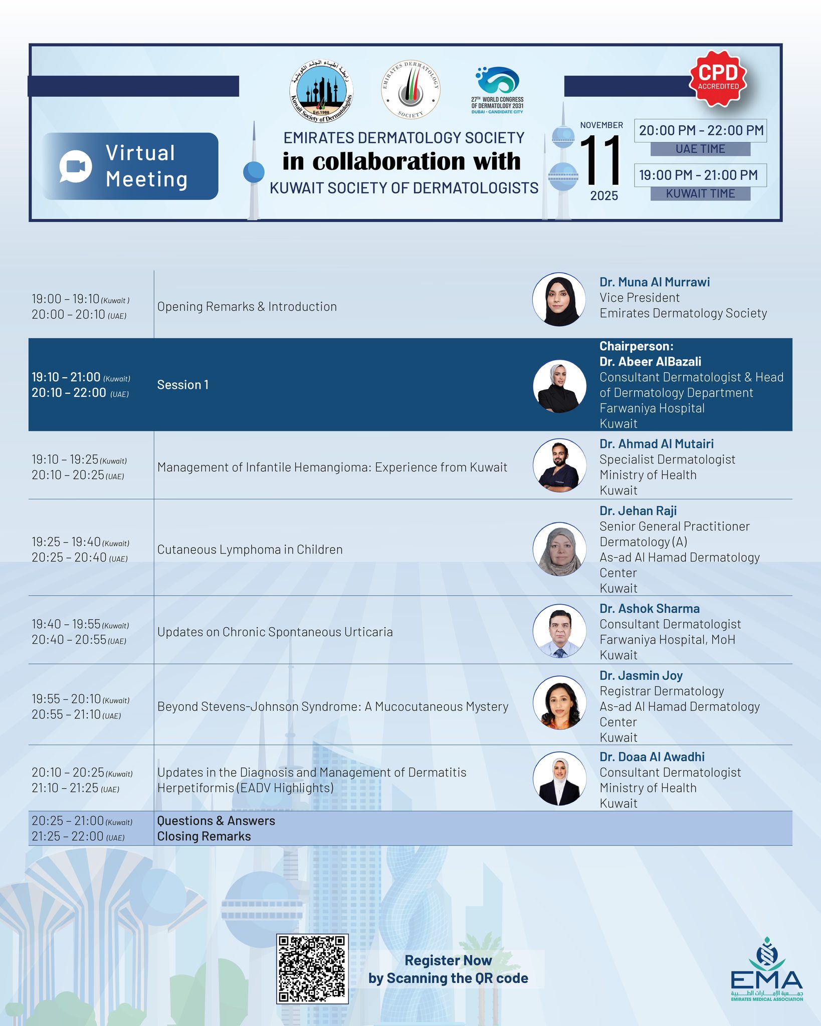 Bridging Knowledge, Advancing Care

Discover the agenda for the EDS Virtual Meeting with the Kuwait Society of Dermatologists — featuring expert-led sessions and interactive discussions.