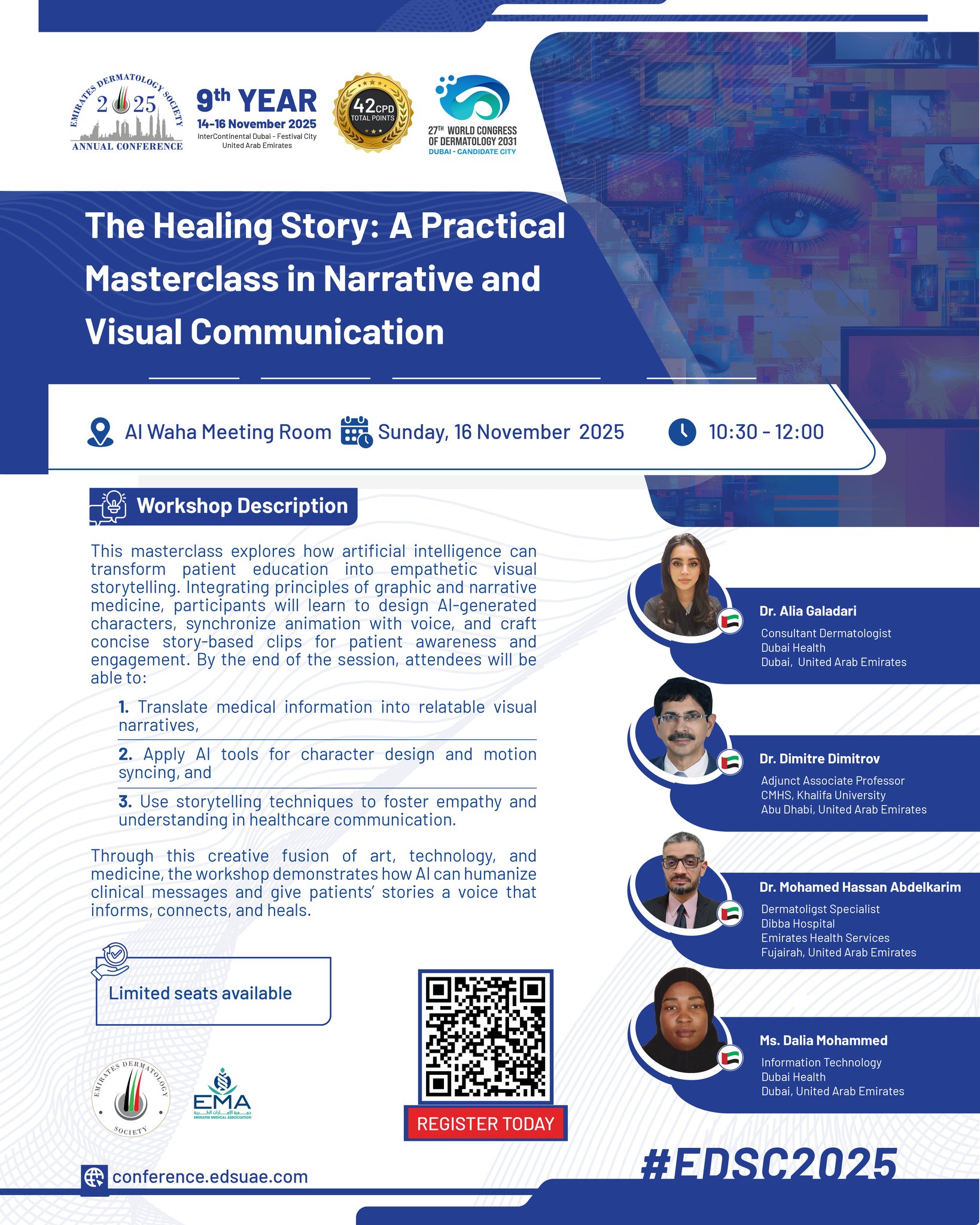 Communication meets creativity!
Join “The Healing Story: A Practical Masterclass in Narrative and Visual Communication” at EDSC 2025 to explore how stories and visuals can empower healing and connection. 🌿💡