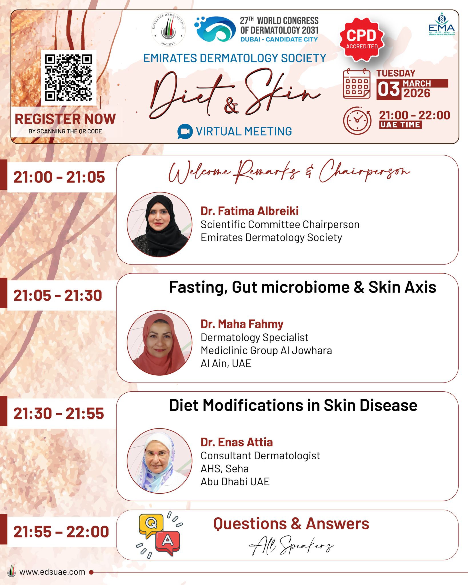 Inside-out skin health starts here.
The agenda for the EDS Diet & Skin Virtual Meeting is officially live. 🌿
Take a look at what’s ahead and secure your spot.
#DietAndSkin #EDSMeeting #SkinHealth