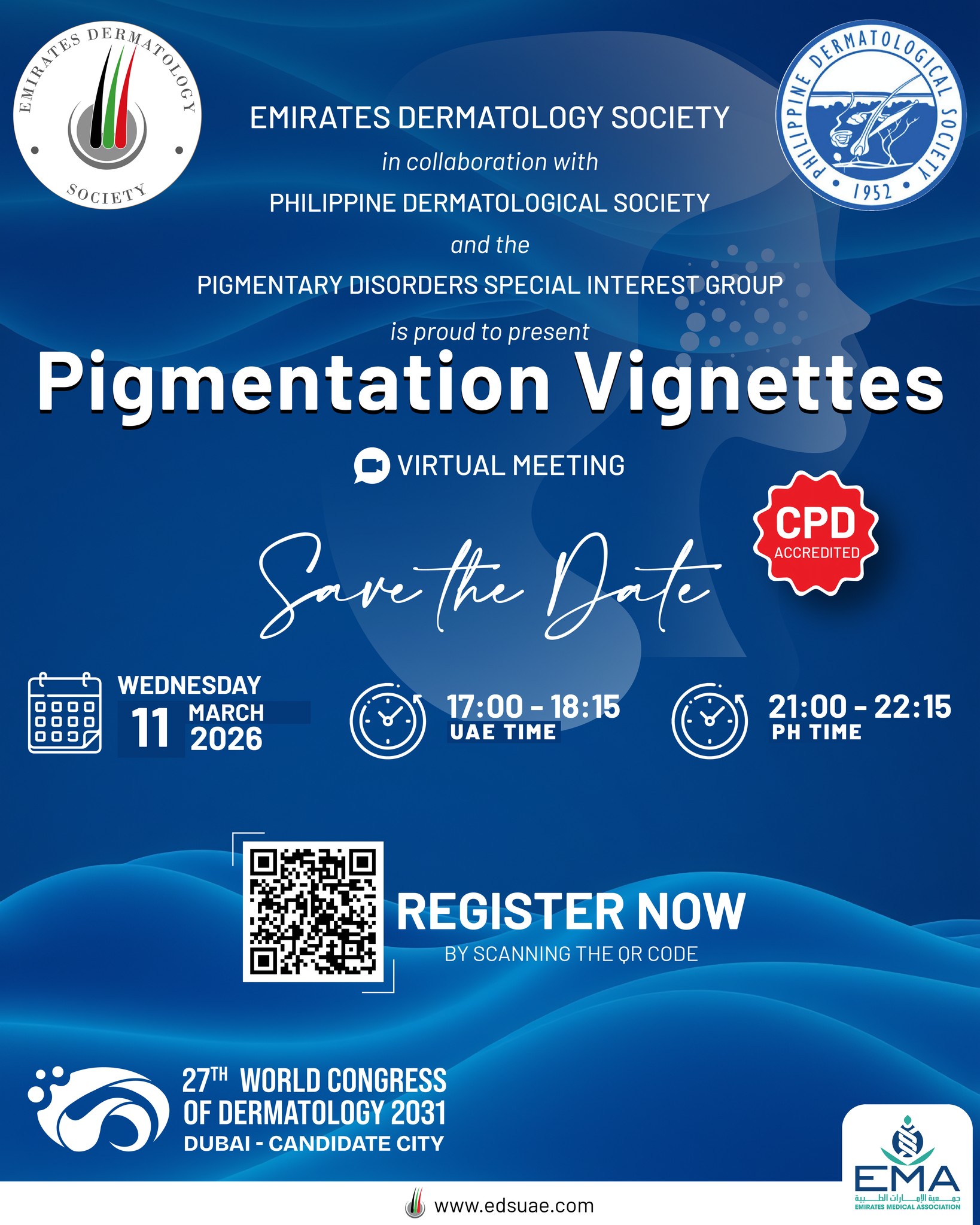 The Emirates Dermatology Society, in collaboration with the Philippine Dermatological Society, proudly presents a joint Virtual Meeting.
Bringing together regional expertise and global perspectives in dermatology — virtually connected, scientifically united.
Stay tuned for further details.
#EDS #PDS #Dermatology #GlobalCollaboration #VirtualMeeting