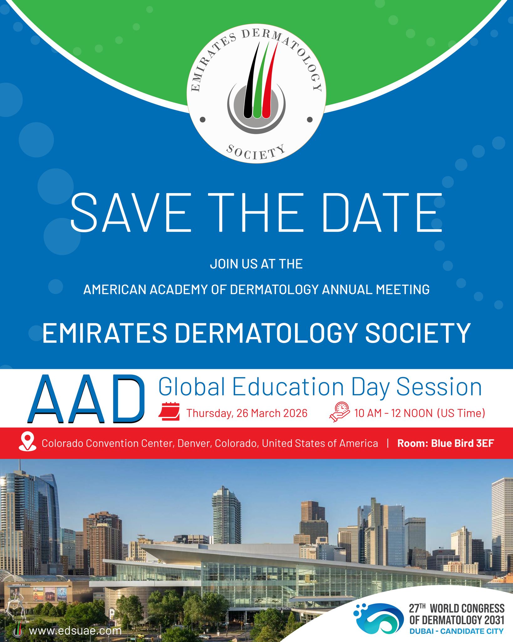 Mark your calendar for AAD Annual Meeting – Global Education Day.
EDS is proud to contribute with a dedicated scientific session.
Stay tuned for the full program.
#AAD2026 #GlobalDermatology #EDS