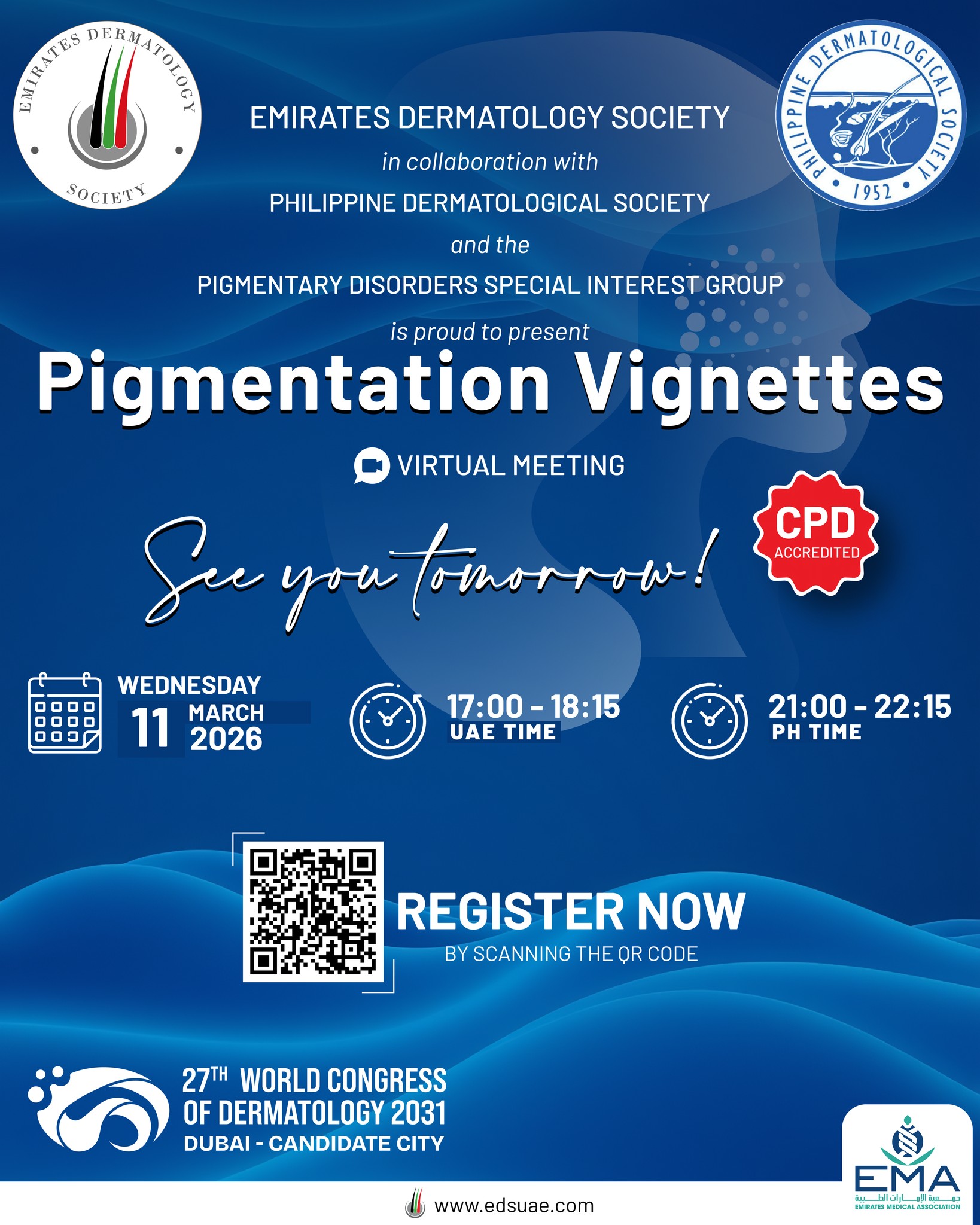 Tomorrow, we connect across borders.
The Emirates Dermatology Society × Philippine Dermatological Society Joint Virtual Meeting goes live.
See you there.

#EDS #PDS #Dermatology #GlobalCollaboration #VirtualMeeting