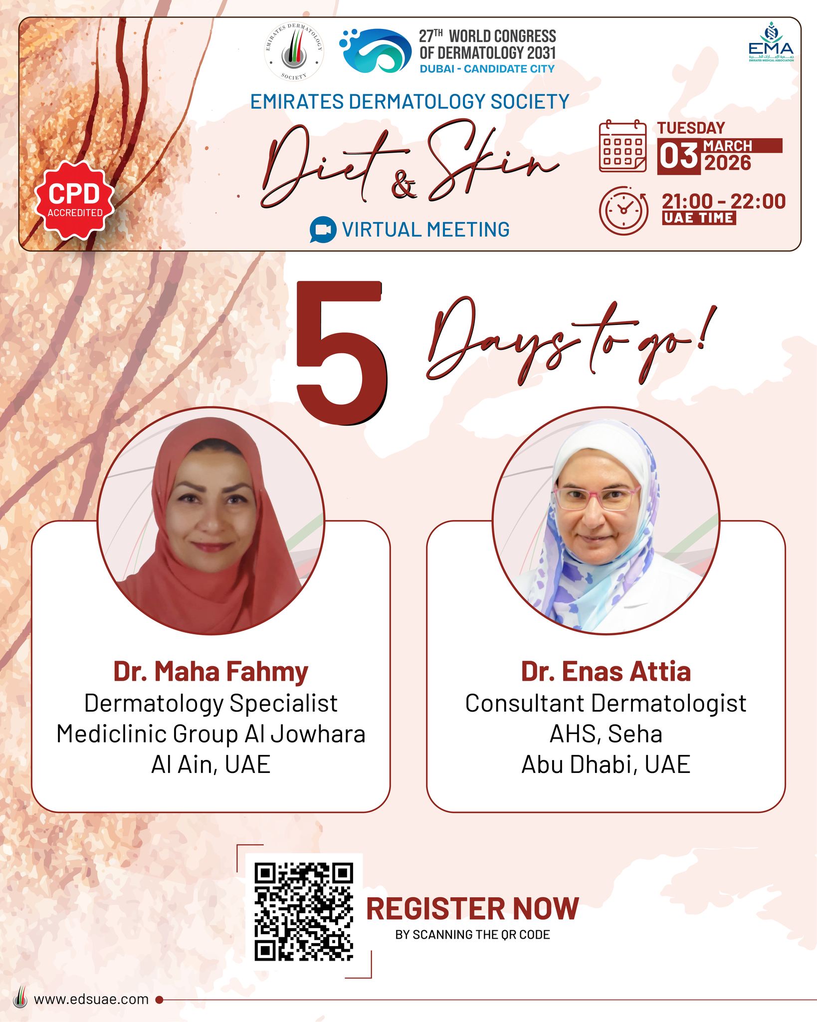 Only 5 days left until the EDS Diet & Skin Virtual Meeting.
Discover evidence-based insights on how nutrition influences dermatologic health.
Don’t miss this important discussion.
#DietAndSkin #EDSMeeting #SkinHealth