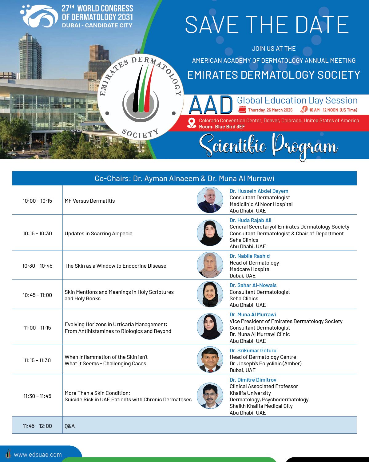 We are proud to announce the EDS Session at the AD Annual Meeting – Global Education Day.
Explore the agenda and join us for insightful discussions advancing dermatology education worldwide.

#AAD2026 #GlobalDermatology #EDS