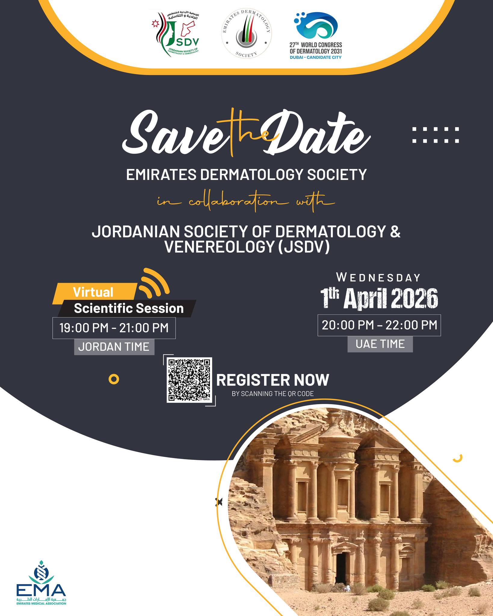 🌍 Save the Date
An exciting collaboration is coming!
The Emirates Dermatology Society and the Jordanian Society of Dermatology & Venereology are coming together for a Joint Virtual Meeting.
Stay tuned for more information on this upcoming educational event.
#EDS #JSDV #DermatologyCommunity