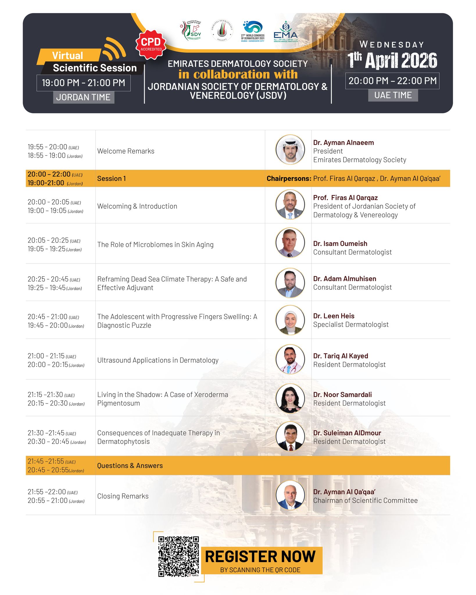 The agenda is now live!
The Emirates Dermatology Society, in collaboration with the Jordanian Society of Dermatology & Venereology, is proud to present a Joint Virtual Meeting featuring expert-led discussions and the latest insights in dermatology.
Join us as we explore key topics shaping clinical practice and patient care.
📅 Stay tuned & don’t miss out
#EDS #JSDV #DermatologyCommunity