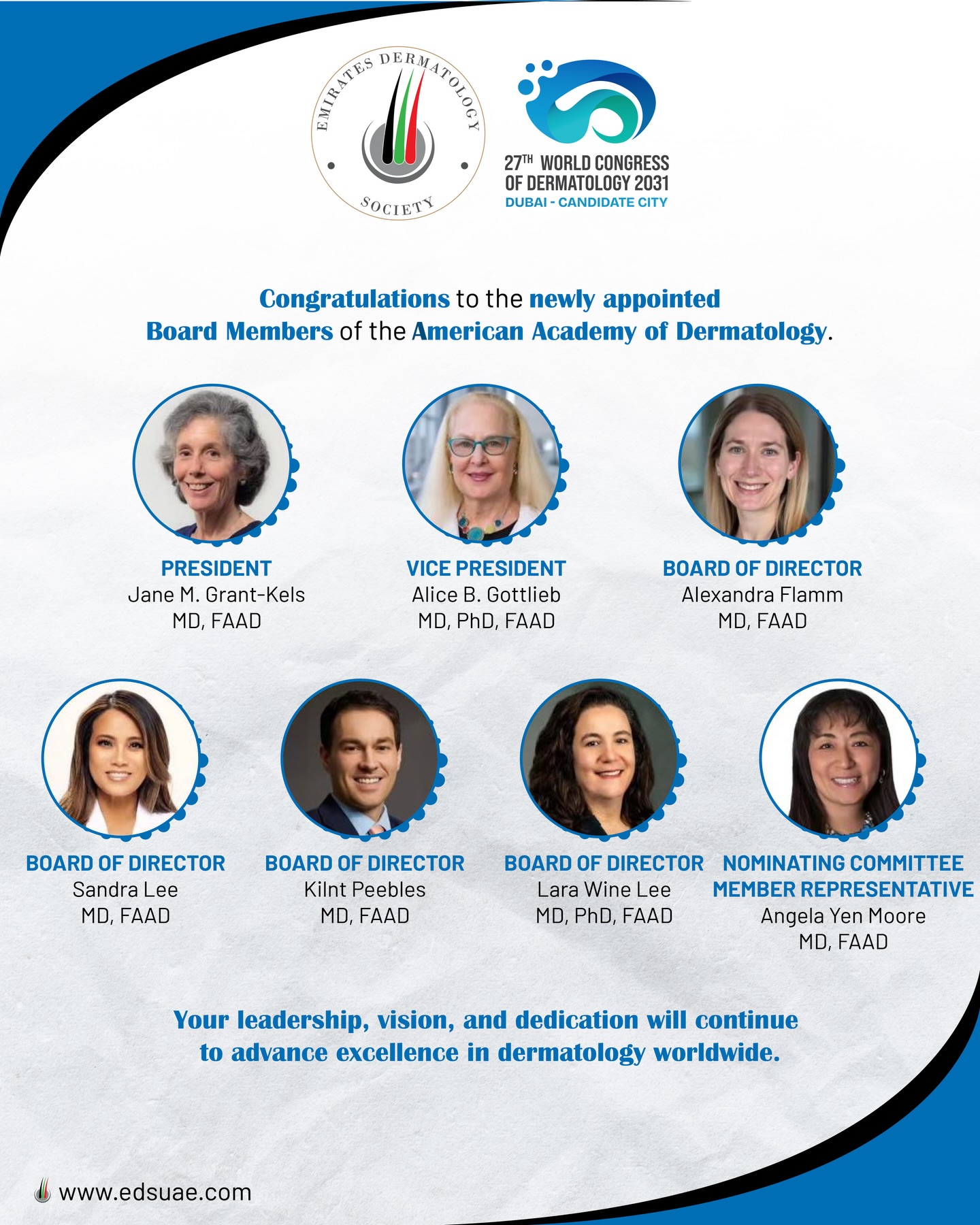 Congratulations to the new Board of the American Academy of Dermatology 👏
On behalf of the Emirates Dermatology Society, we wish you a successful term ahead filled with innovation, collaboration, and continued excellence in dermatology.
#AAD #DermatologyLeadership #EDS #GlobalDermatology