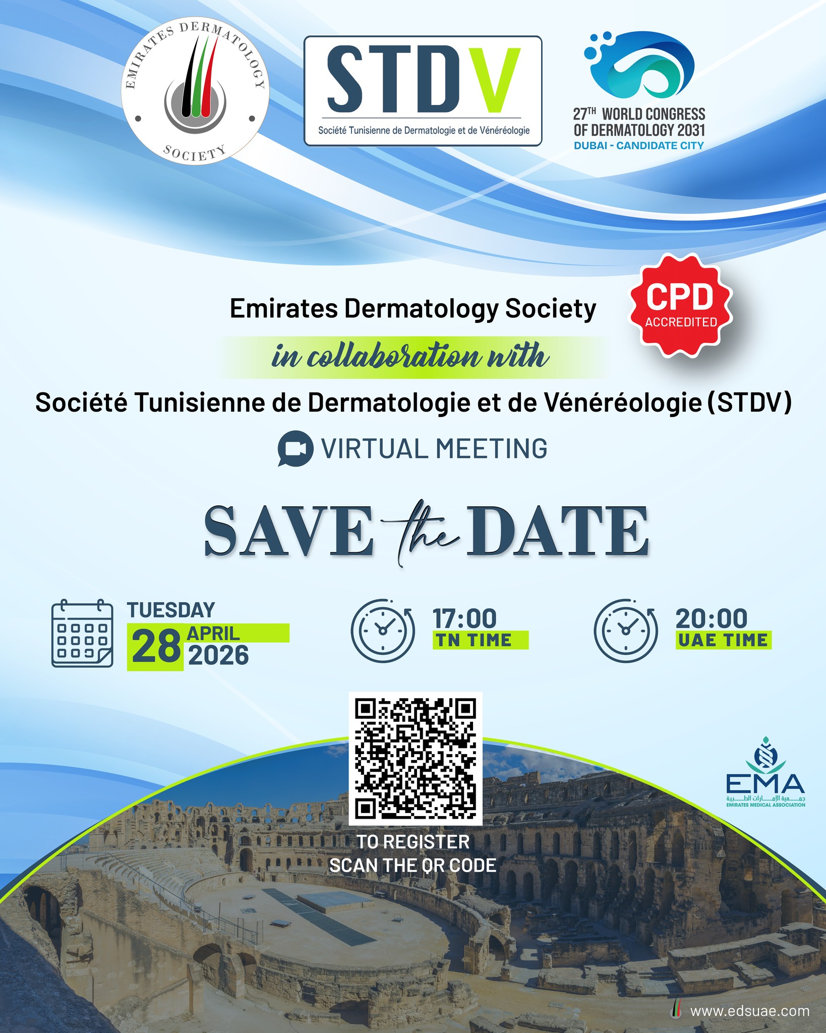 Exciting collaboration ahead! ✨
EDS joins hands with the Société Tunisienne de Dermatologie et de Vénéréologie (STDV) for a virtual meeting you won’t want to miss.
Save the date!

#EDS #STDV #Dermatology #SkinHealth