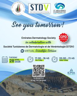 See you tomorrow! 📅
The Emirates Dermatology Society, in collaboration with the Société Tunisienne de Dermatologie et de Vénéréologie, looks forward to welcoming you to our virtual meeting.
Join us for insightful discussions and expert perspectives in dermatology.

#EDS #STDV #Dermatology #SkinHealth