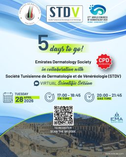 Only 5 days to go! 📅
The Emirates Dermatology Society (EDS), in collaboration with the Société Tunisienne de Dermatologie et de Vénéréologie, invites you to an engaging virtual meeting.
Join us for expert insights and valuable discussions.

#EDS #STDV #Dermatology #SkinHealth