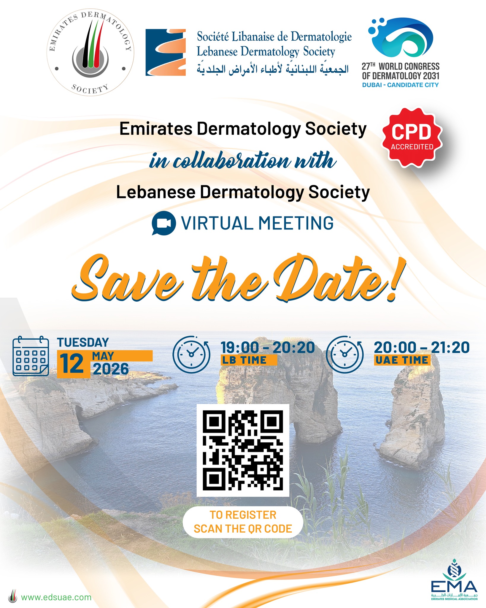 Save the Date 📅
The Emirates Dermatology Society (EDS), in collaboration with the Lebanese Dermatology Society, invites you to an upcoming virtual meeting.
Join us for expert insights, knowledge exchange, and engaging discussions.

#EDS #LebaneseDermatologySociety #Dermatology #MedicalEducation #VirtualMeeting #SkinHealth