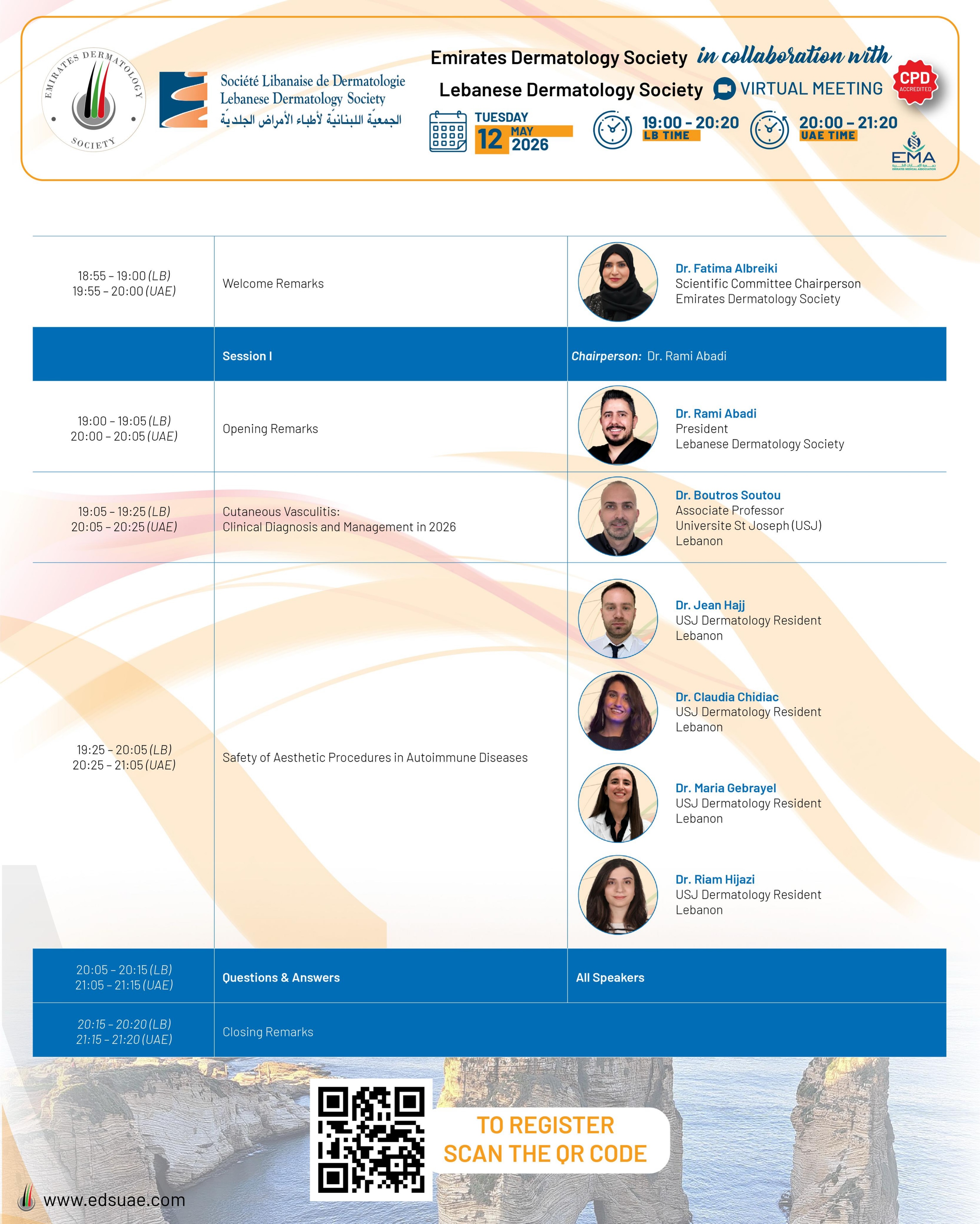 Discover what’s ahead 👇
Our upcoming EDS x Lebanese Dermatology Society Virtual Meeting will cover essential topics, expert insights, and the latest updates in dermatology.
Explore the agenda and plan your session.

#EDS #LebaneseDermatologySociety #Dermatology #MedicalEducation #VirtualMeeting SkinHealth