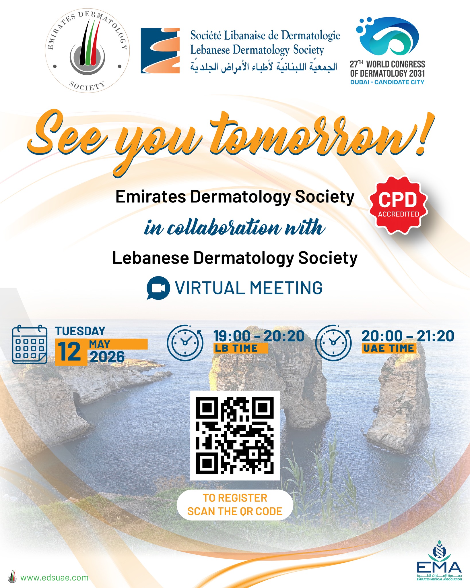 Happening tomorrow!
Don’t miss this virtual meeting with the Lebanese Dermatology Society—exploring key topics and advancing dermatology knowledge together.

#EDS #LebaneseDermatologySociety #Dermatology #MedicalEducation #VirtualMeeting #SkinHealth