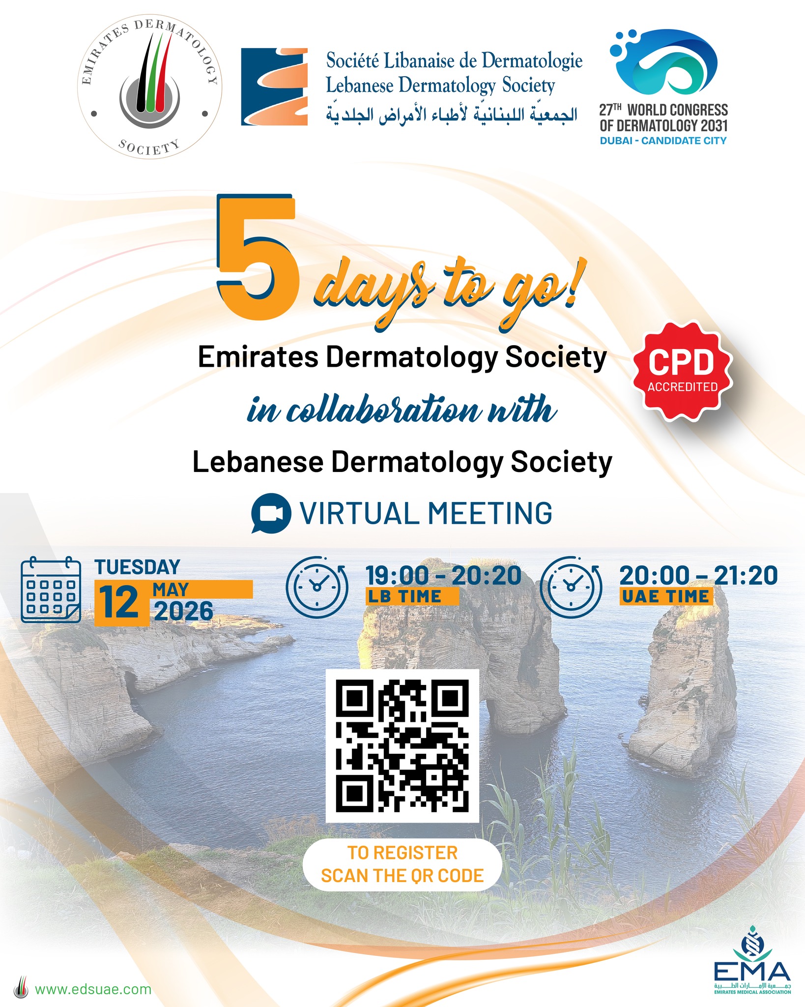 Only 5 days to go! 📅

Join the Emirates Dermatology Society and the Lebanese Dermatology Society for an insightful virtual meeting featuring expert discussions and valuable clinical updates.
Don’t miss it.

#EDS #LebaneseDermatologySociety #Dermatology #MedicalEducation #VirtualMeeting #SkinHealth