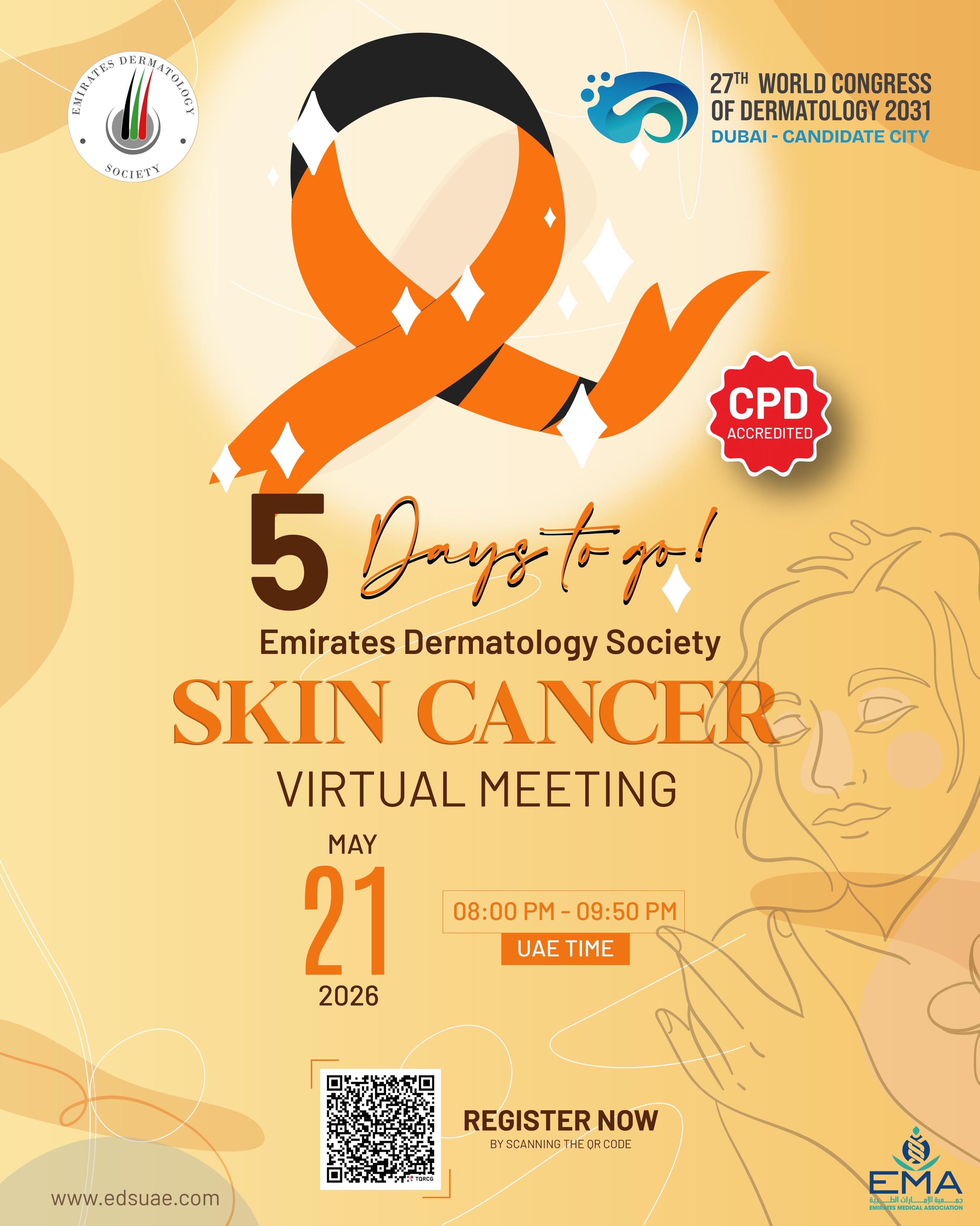 🌞 5 days left!
Your skin tells a story — learn how to protect it. Join our upcoming Skin Cancer Virtual Meeting and stay informed about prevention, diagnosis, and treatment updates.
#SkinCancer #SkinCancerAwareness #ProtectYourSkin #DermatologyEducation #EDS MedicalEducation