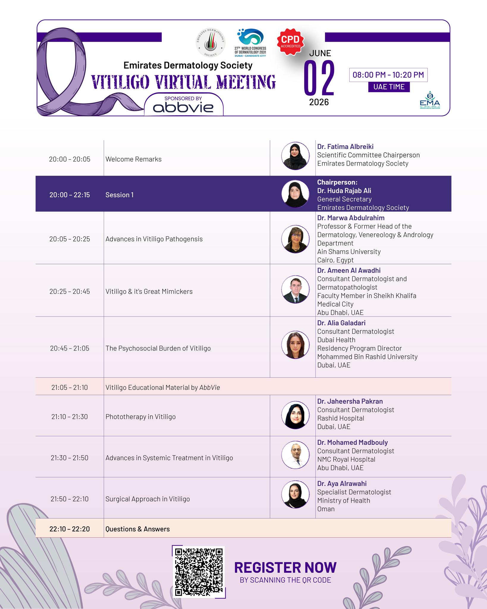 Here’s what’s coming 👇
Take a look at the agenda for our upcoming Vitiligo Virtual Meeting and get ready for an educational and inspiring session.
#VitiligoAwarenessMonth #SkinHealth #DermCommunity #Healthcare #Dermatology
