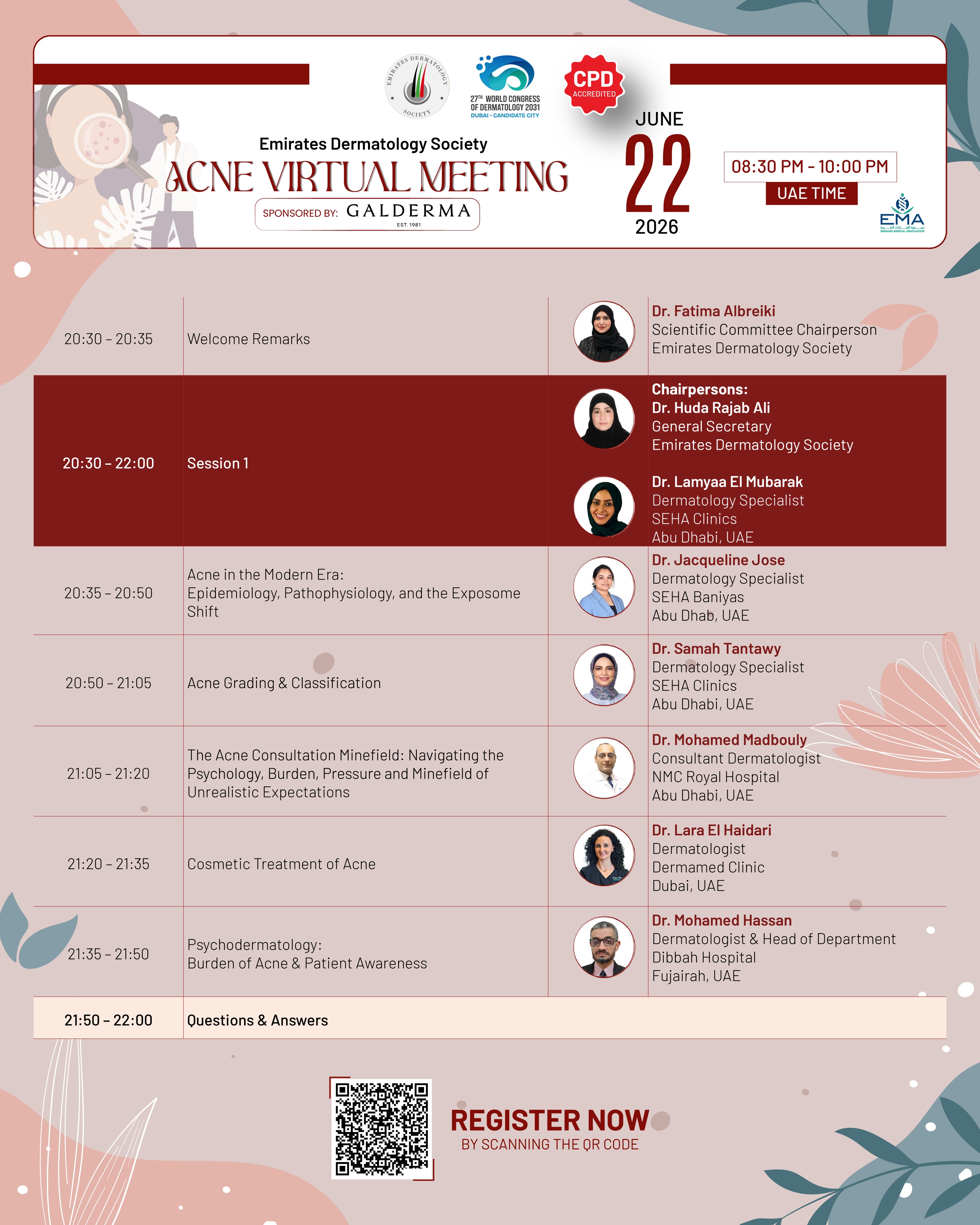 Take a look at the agenda for our upcoming Acne Virtual Meeting and prepare for an evening of expert insights, interactive discussions, and the latest updates in acne management.
We look forward to seeing you online!
#Acne #Dermatology #VirtualMeeting #EDS #SkinHealth MedicalEducation