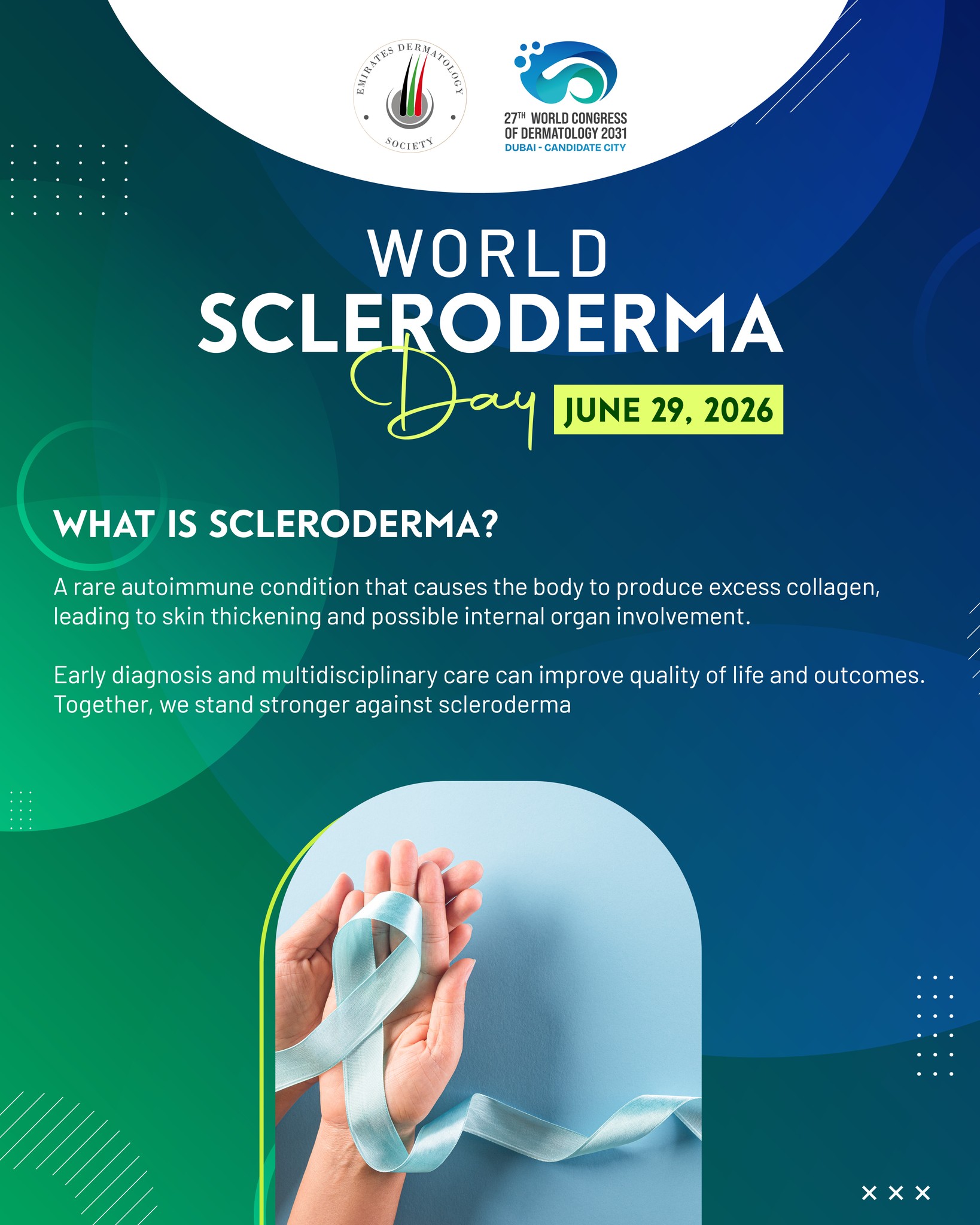 💙 World Scleroderma Day

Today, we stand in support of individuals living with Scleroderma while raising awareness of this complex autoimmune condition.

Together, let's promote education, encourage early recognition, support research, and advocate for compassionate care. Every step toward greater awareness helps improve lives.

#WorldSclerodermaDay #Scleroderma #SystemicSclerosis #AutoimmuneDisease #Dermatology #SkinHealth #RaiseAwareness #Healthcare