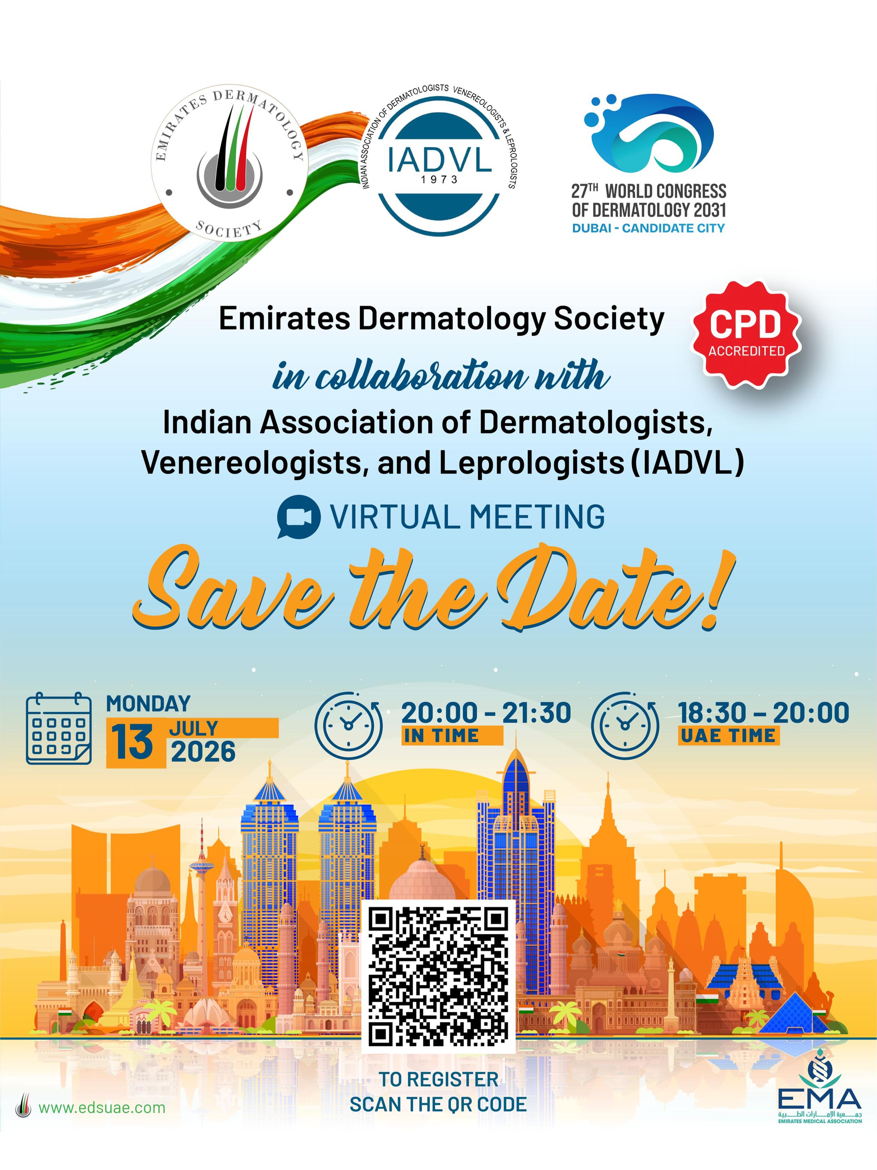 🌍 Mark Your Calendar!

The Emirates Dermatology Society (EDS) and the Indian Association of Dermatologists, Venereologists and Leprologists (IADVL) are joining forces for an exclusive virtual meeting dedicated to advancing dermatology through global collaboration and knowledge sharing.

📅 Save the date and don’t miss this opportunity to learn from leading experts.

Stay tuned for more details!

#EmiratesDermatologySociety #IADVL #DermatologyEducation #VirtualConference #MedicalLearning DermatologyCommunity CME SkinScience