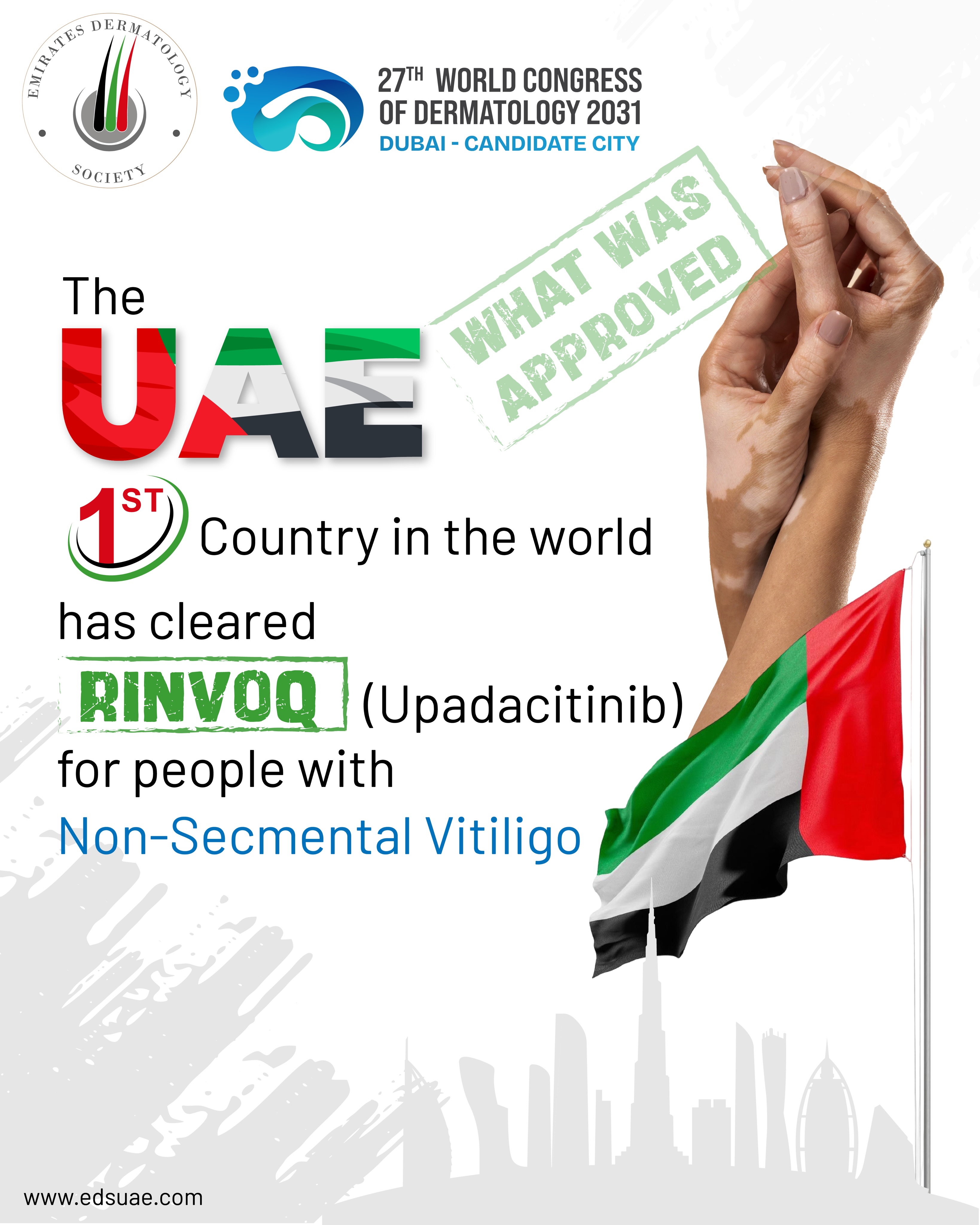 A groundbreaking milestone for dermatology in the UAE! 🇦🇪✨

The UAE becomes the first country in the world to clear RINVOQ® (upadacitinib) for people with non-segmental vitiligo.

A proud moment for innovation, advancing care, and improving the lives of people living with vitiligo. 🤍

The Emirates Dermatology Society is proud to share this landmark achievement as we continue to champion excellence in dermatology and position the UAE at the forefront of global innovation.

#EmiratesDermatologySociety #Vitiligo #NonSegmentalVitiligo #RINVOQ #Upadacitinib Dermatology UAE Dubai DermatologyInnovation WCD2031
