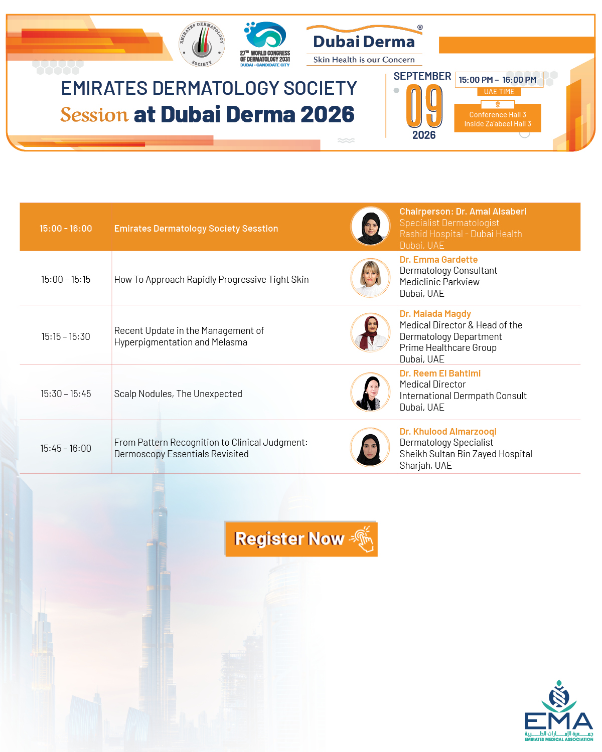 The Dubai Derma EDS Session Agenda is officially LIVE! 🎉

Get ready for an exciting scientific programme featuring expert-led sessions, cutting-edge updates, and valuable insights across dermatology and aesthetic medicine.

📲 Explore the agenda and start planning your Dubai Derma experience!

#DubaiDerma #EDS #Dermatology #AestheticMedicine
