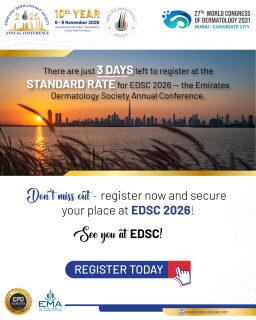 Just 3 days to register at the Standard Rate before Late Registration Fees apply.

✨ Don’t miss your chance to join EDSC 2026!

Register now and secure your place.

#EDSC2026 #EDSC #EmiratesDermatologySociety #Dermatology #DermatologyConference #RegisterNow