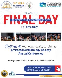 ⏰ Today is your final opportunity to register at the Standard Rate for EDSC 2026.
Be part of the Emirates Dermatology Society Annual Conference and experience the latest in dermatology, hear from leading experts, and connect with the global dermatology community. 🌍
🔥 Standard Rate ends TODAY.
#EDSC2026 #EDSC #EmiratesDermatologySociety #Dermatology #DermatologyConference #MedicalEducation #AestheticDermatology