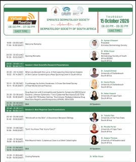 🌍 The EDS × DSSA Virtual Meeting Agenda Is Live! 🇦🇪🤝🇿🇦

Get ready for an exciting evening of scientific exchange, research, and clinical insights as the Emirates Dermatology Society collaborates with the Dermatology Society of South Africa.

The programme features two engaging sessions:
🔬 Best Scientific Research Presentations
📚 Best Registrar Case Presentations
💬 Interactive Q&A discussions with the speakers

📅 Thursday, 15 October 2026
🕗 8:00–9:30 PM UAE Time
🕕 6:00–7:30 PM SAST
💻 Virtual Meeting

✨ Explore the agenda, register now, and join us for an evening of shared knowledge and dermatology excellence.

#EDS #DSSA #EmiratesDermatologySociety #DermatologySocietyOfSouthAfrica #Dermatology VirtualMeeting DermatologyEducation MedicalEducation DermatologyResearch SaveTheDate RegisterNow