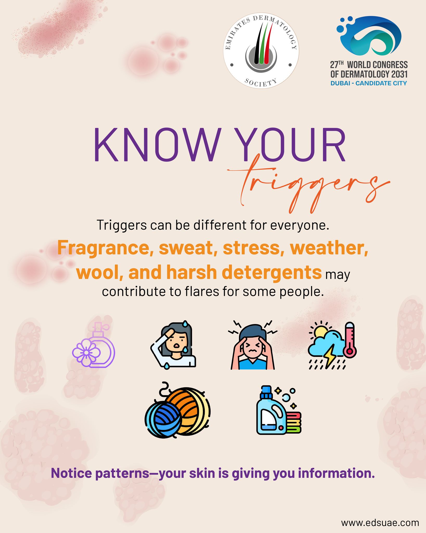 Your eczema journey is personal—and so are your triggers.
Weather, sweat, stress, fragrance, wool, or detergents may affect some people. Keeping track of patterns can help you and your dermatologist better understand your skin.

#EczemaTriggers #FlareUpSupport #AtopicDermatitis