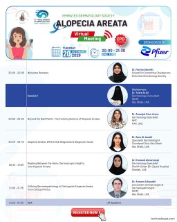 🌿 Alopecia Areata Virtual Meeting | Agenda Is Live!

Join the Emirates Dermatology Society for an evening dedicated to the latest developments in Alopecia Areata.

🔬 Explore evolving science and differential diagnoses
🔍 Discover dermoscopic and dermatopathology insights
💡 Learn from experienced dermatology specialists
💬 Take part in an interactive Q&A

📅 Tuesday, 20 October 2026
🕗 8:00–9:30 PM UAE Time
💻 Virtual Meeting
🎓 CPD Accredited

✨ Explore the agenda and register now!

#EDS #EmiratesDermatologySociety #AlopeciaAreata #Dermatology #VirtualMeeting DermatologyEducation MedicalEducation AlopeciaAreataAwareness RegisterNow