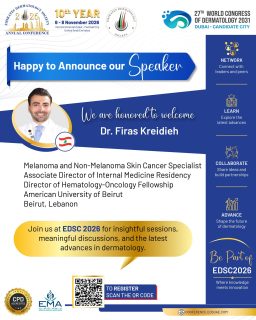 🌍 Expertise That Moves Dermatology Forward

EDSC 2026 will bring together leading specialists from across the region and beyond, including Dr. Firas Kreidieh from Lebanon. 🇱🇧

His expertise in melanoma and non-melanoma skin cancer will add an important perspective to the scientific programme, fostering meaningful exchange and advancing dermatology practice.

📅 6–8 November 2026
📍 InterContinental Dubai – Festival City 

Join the conversation in Dubai.

#EDSC2026 #EDSC #EmiratesDermatologySociety #Dermatology #SkinCancer #Melanoma #MedicalEducation #DermatologyConference #Lebanon #Dubai