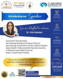 ✨ Inspiring the Next Generation of Dermatology
EDSC 2026 is pleased to have Dr. Alia Galadari join the scientific faculty. Based in Dubai, she brings expertise in clinical dermatology and medical education to this year’s programme. 🇦🇪
Her contribution reflects the conference’s commitment to advancing knowledge, nurturing future specialists, and strengthening dermatology practice.
📅 6–8 November 2026
📍 InterContinental Dubai – Festival City
#EDSC2026 #EDSC #EmiratesDermatologySociety #Dermatology #MedicalEducation #DermatologyConference #Dubai #UAE